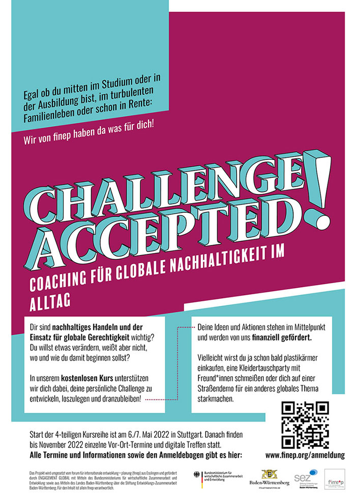 Poster promoting coaching workshops on global sustainability in everyday life. The words 'Challenge Accepted' appear in 3D and are slightly slanted, with a cyan and magenta background. Below 'Challenge Accepted' are two columns of text with course details. A QR code for more information and several logos are shown at the bottom.